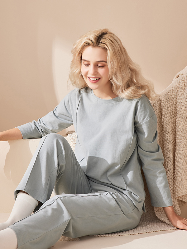 Loose Regular Sleeve Cotton Plain Simple Long Sleeve Pajama Set