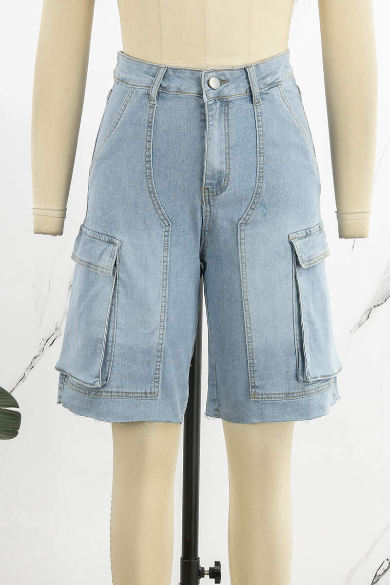 Light Blue Casual Solid Patchwork Pocket Buttons Zipper High Waist Straight Denim Shorts(No Belt)