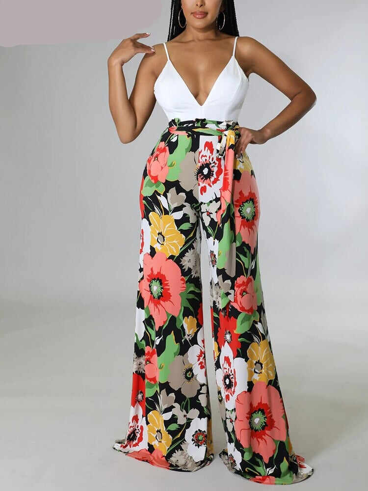 Spaghetti Strap Backless Printed Wide Leg Jumpsuits