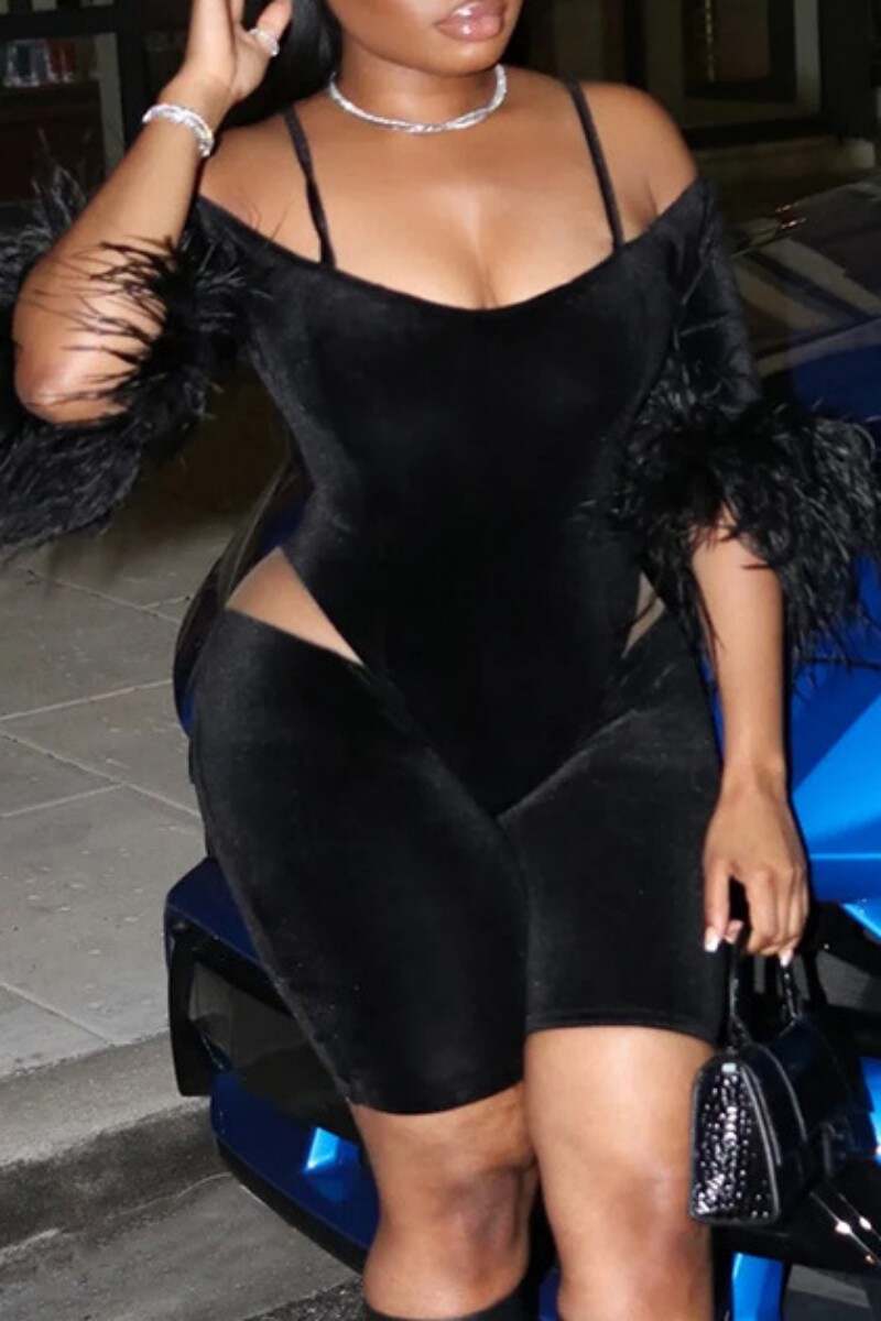 Black Sexy Solid Patchwork See-through O Neck Romper