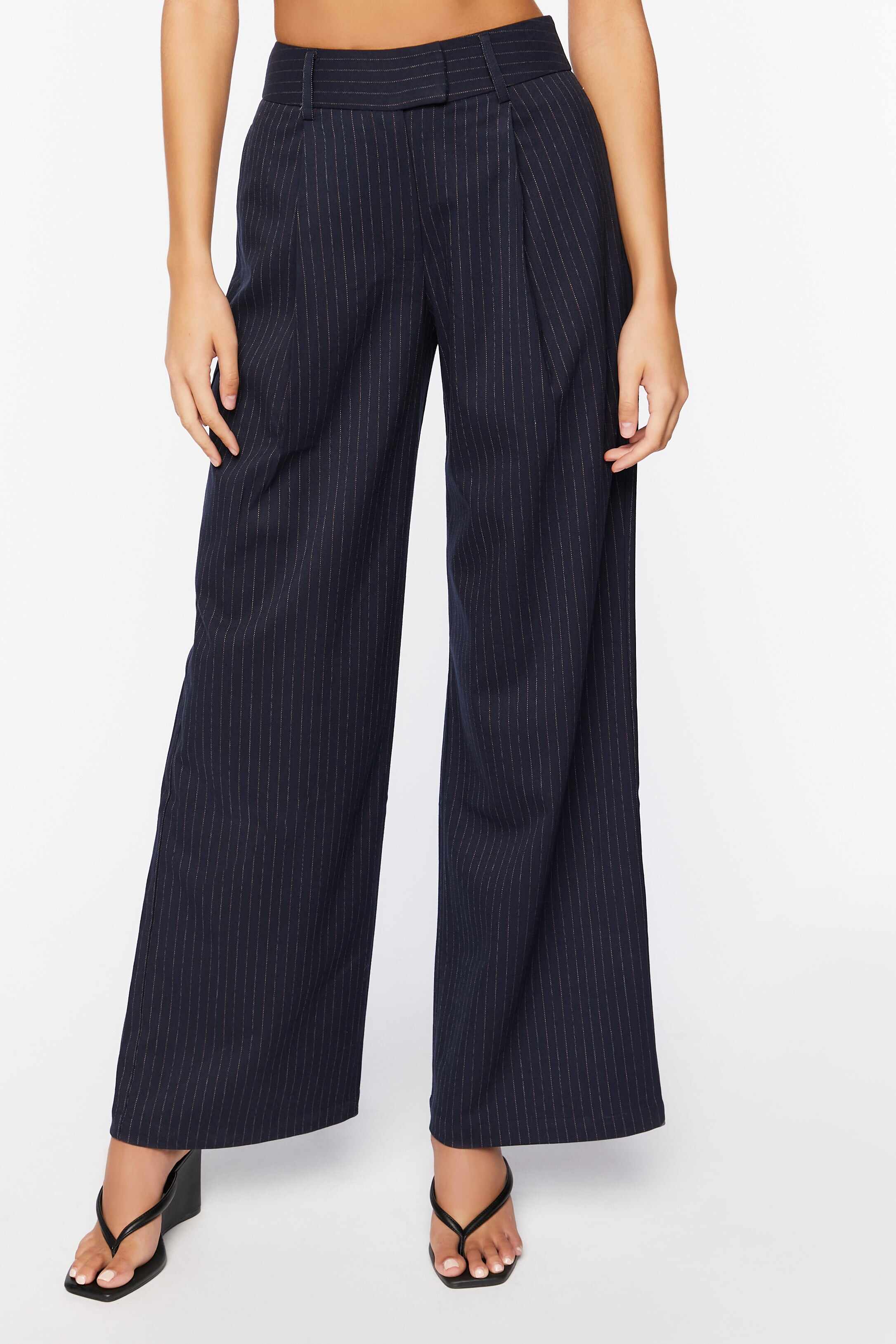 Women Apparel | Pinstripe Mid-Rise Trouser Pants Navy Forever21 - LG78323