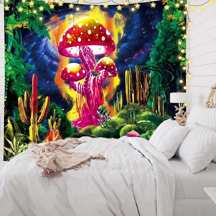 Trippy Land Black Light Tapestry UV Reactive Psychedelic Mushroom Cactus