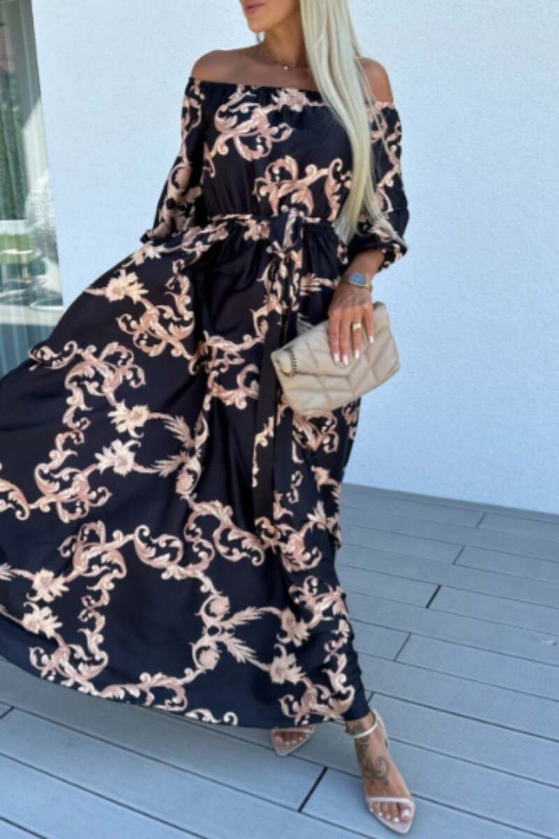 Black Red Casual Print Patchwork Off the Shoulder Long Dress Dresses