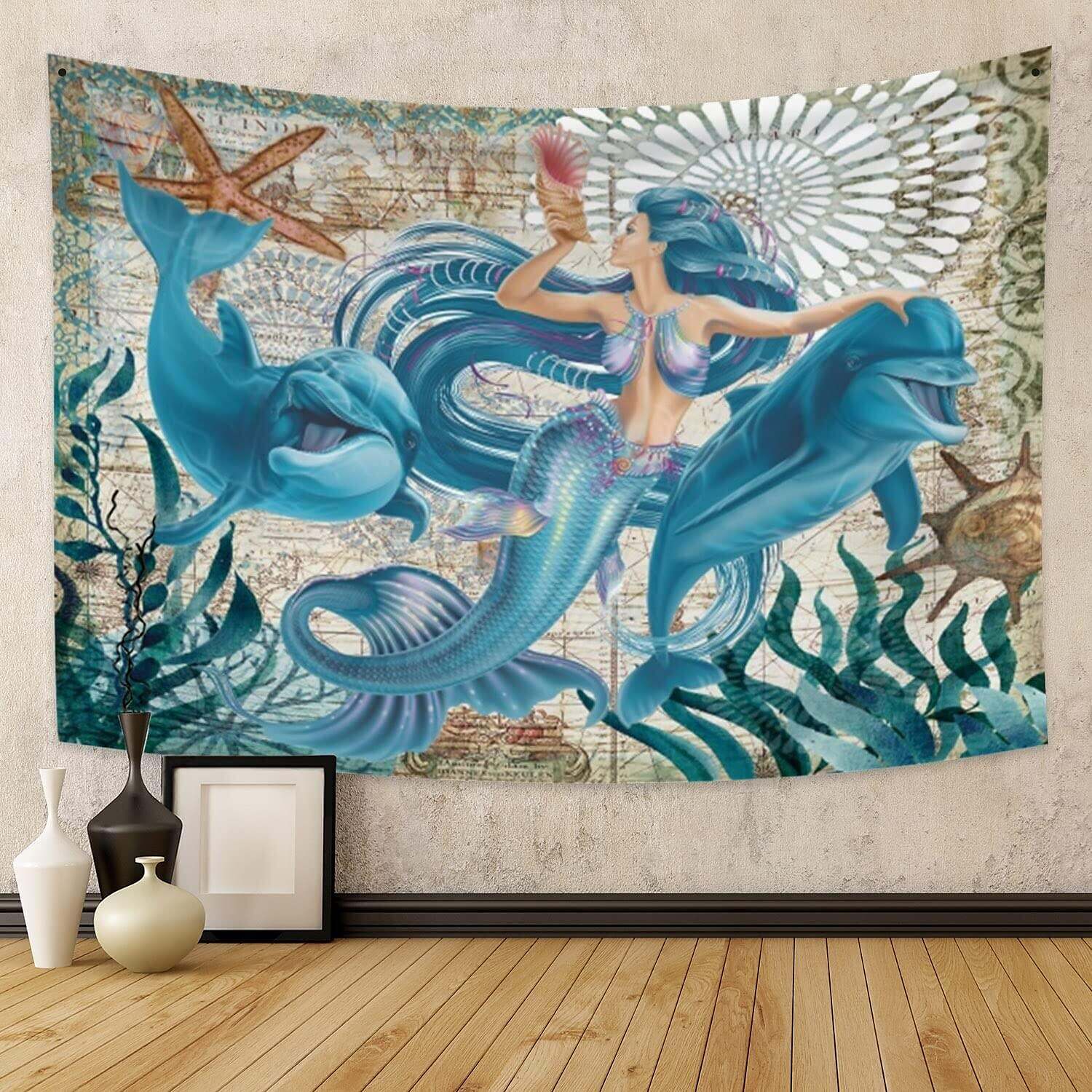 Cute Mermaid and Dolphin Wall Tapestry Art Decor