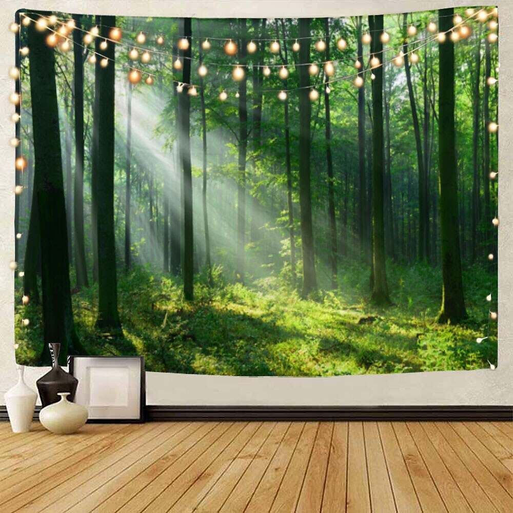 Landscape Tree Wall Tapestry Art Decor Misty Forest Nature Sunshine Through Tree