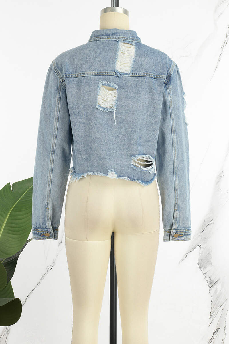 Blue Casual Solid Ripped Turndown Collar Long Sleeve Regular Denim Jacket