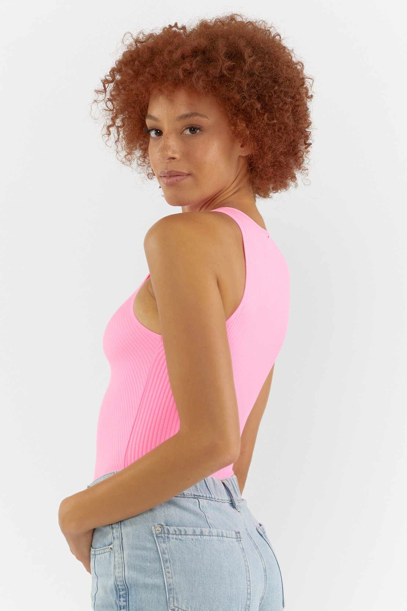 Women Apparel | Racerback Crew Neck Bodysuit Neon Pink Forever21 - FX53673