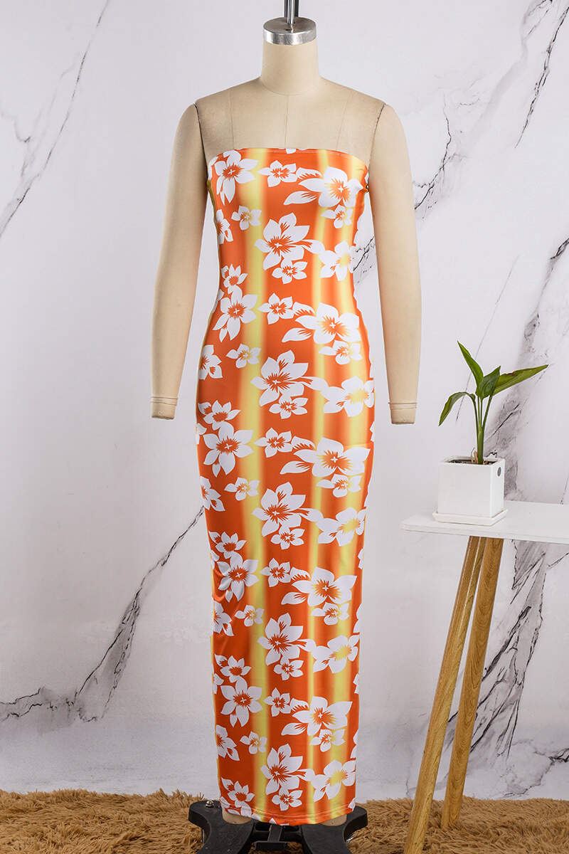 Orange Sexy Casual Print Backless Strapless Long Dress Dresses