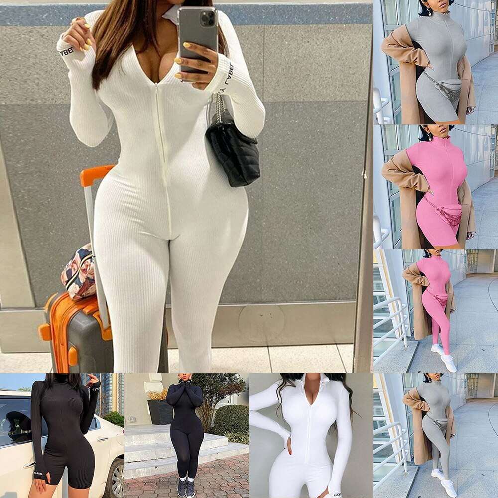 Turtleneck Knit Bodycon Fitness Playsuit Sportswear Long Sleeve Zipper Body Embroidery Lucky Rompers Womens Jumpsuit