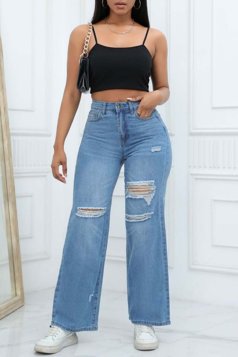 Light Blue Casual Solid Ripped Patchwork High Waist Straight Denim Jeans