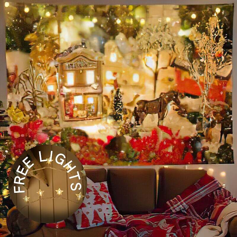 Christmas Decor LED Lights Wall Tapestry Santa Claus Christmas Tree Print