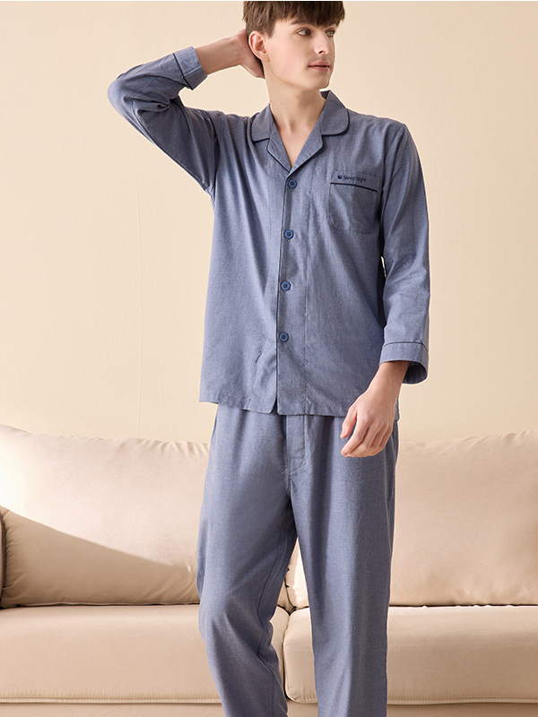 Plain V Neck Simple Cotton Long Sleeve Couple Pajama Set