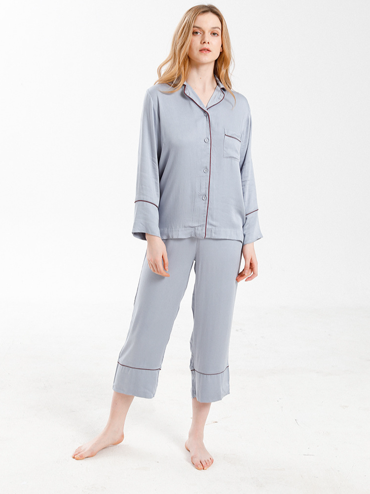 V Neck Simple Regular Fit Plain Long Sleeve Pajama Set