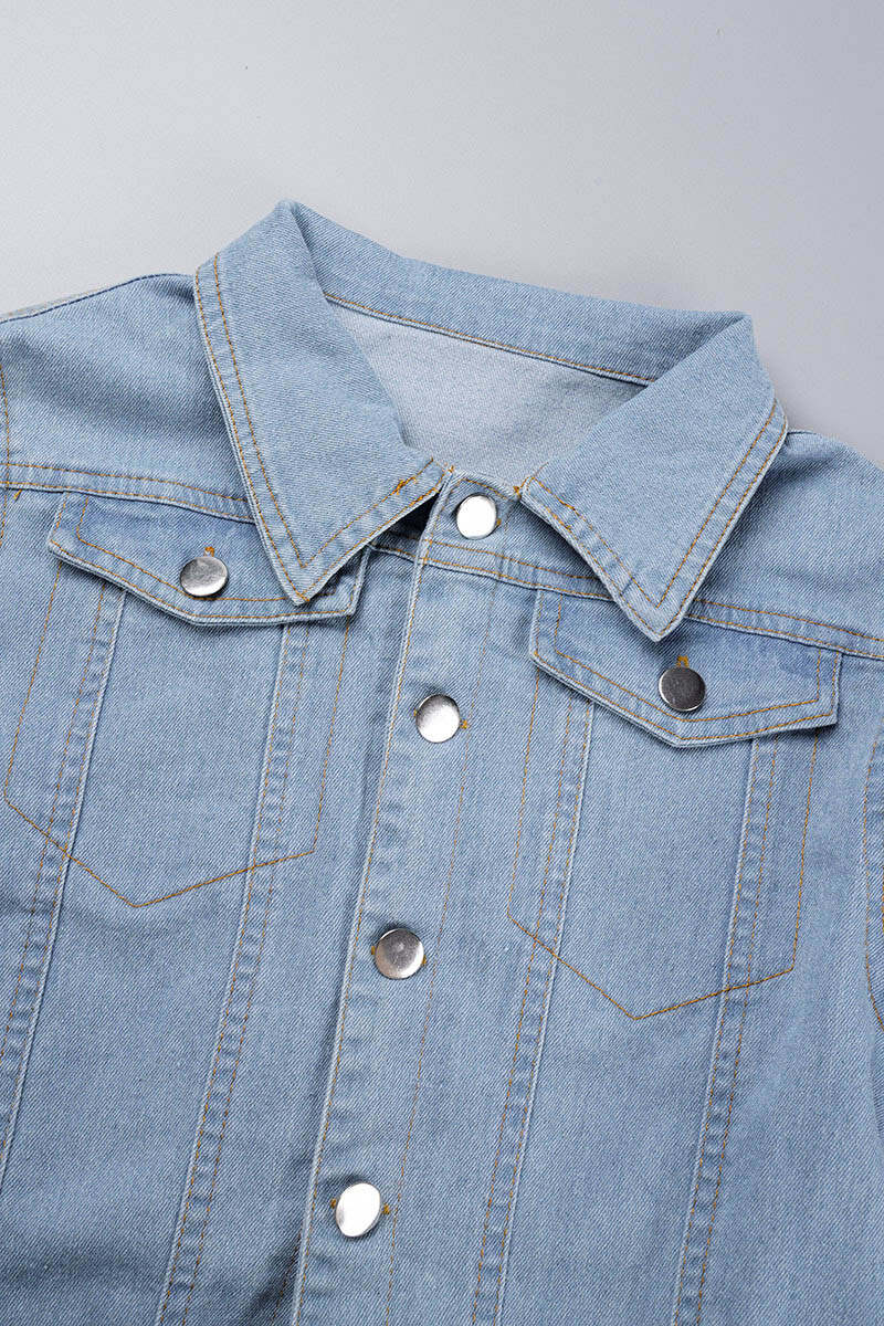 Light Blue Casual Solid Patchwork Turndown Collar Half Sleeve Denim Dresses