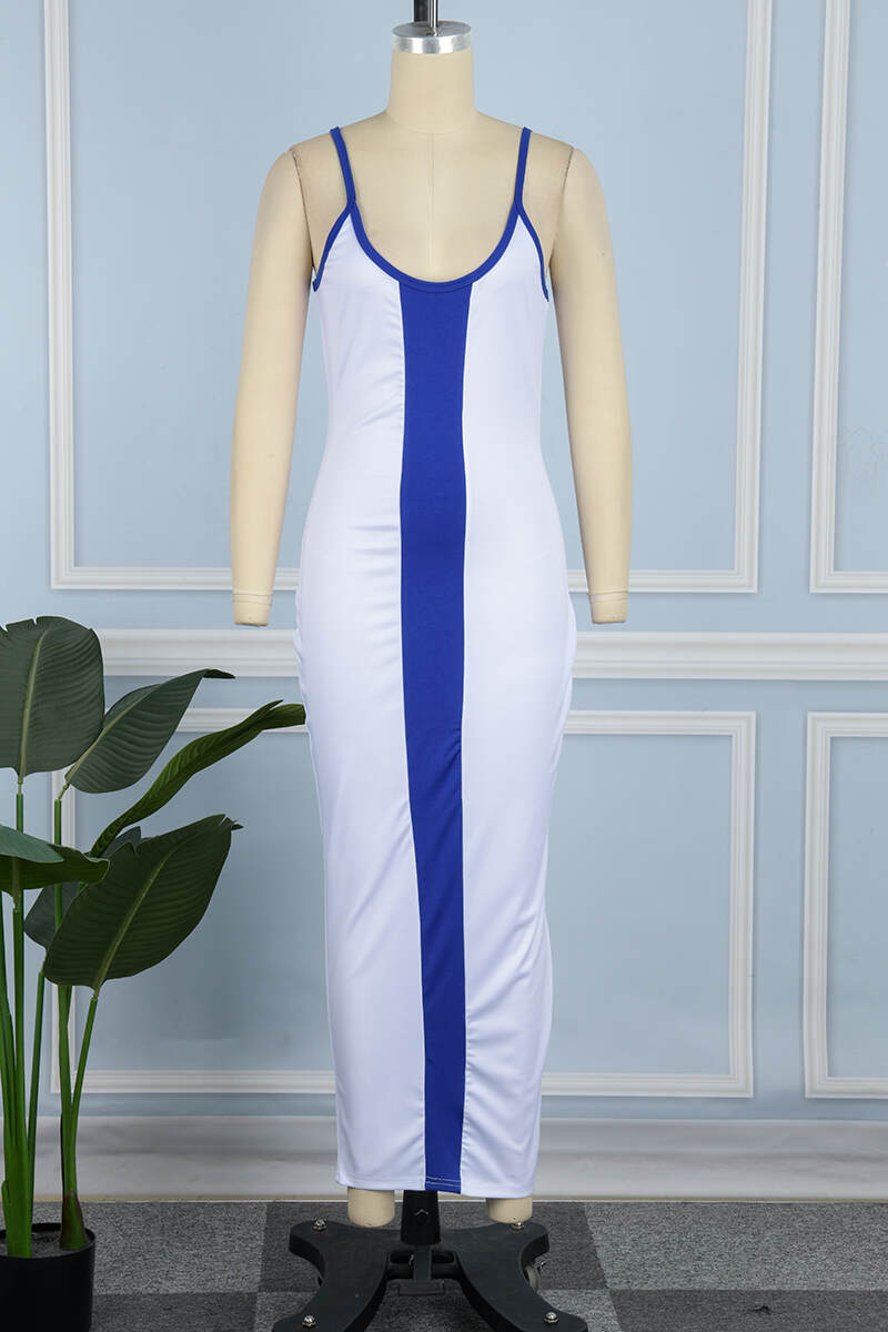 Blue Casual Patchwork Contrast Spaghetti Strap Long Dress Dresses