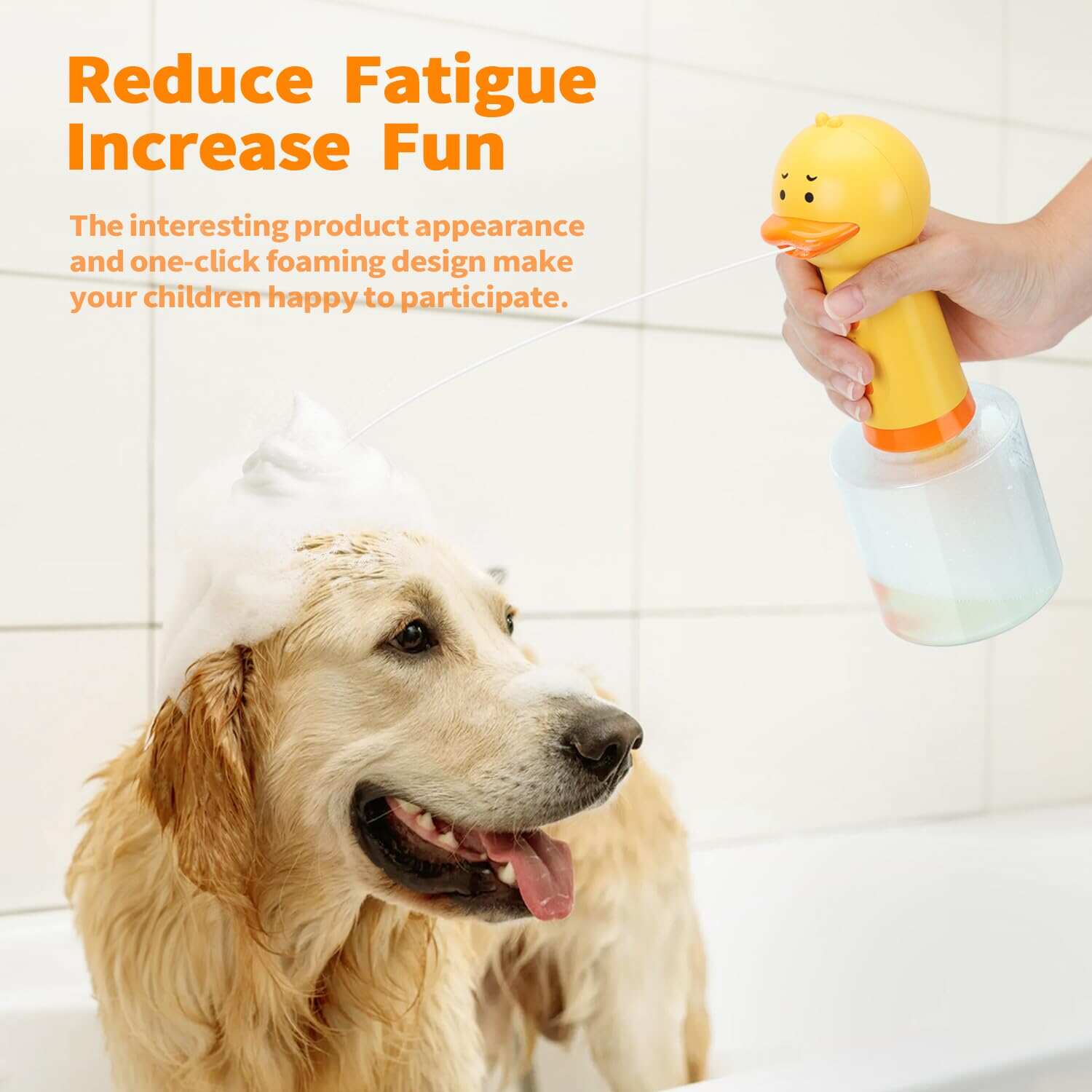 Automatic Foaming Dog Soap Dispenser with Dog Bath Brush, Dog Scrubber for Bath Supplies Brush Silicone Rubber Comb Button Lather Up Dense Foam Quickly for Long Short Haired Dogs Cats Grooming