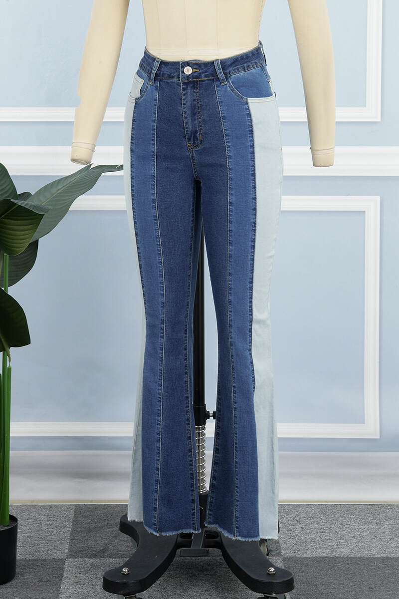 Blue Casual Patchwork Contrast High Waist Skinny Denim Jeans (Subject To The Actual Object)