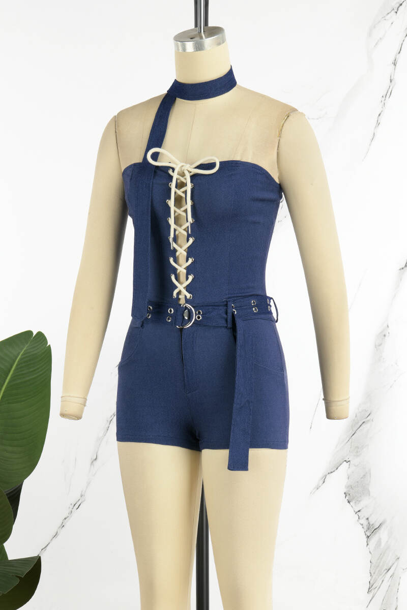 Blue Sexy Solid Frenulum Backless Strapless Sleeveless Skinny Denim Romper