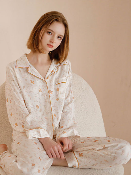 Casual V Neck Bamboo Fiber Regular Fit Long Sleeve Pajama Set