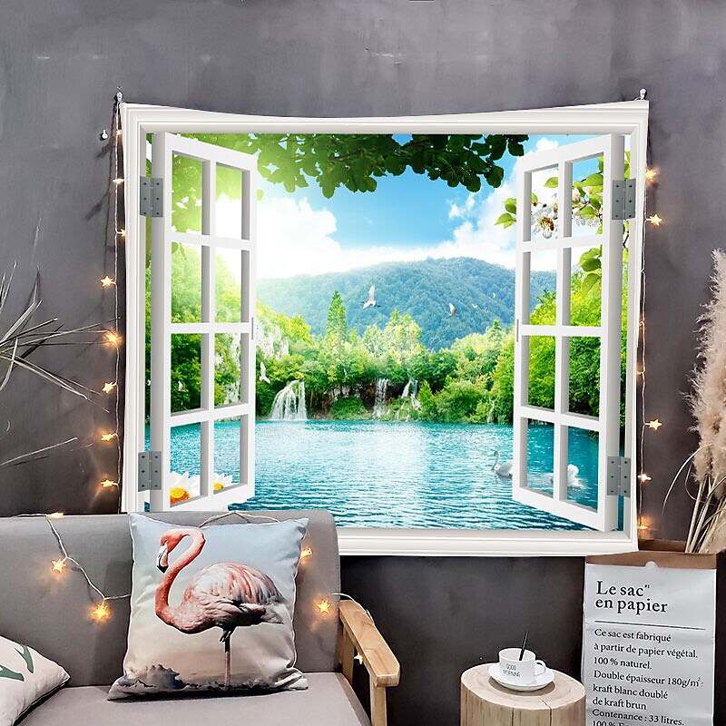 Window Landscape Wall Tapestry Art Decor Lake Rive Forest Mountain