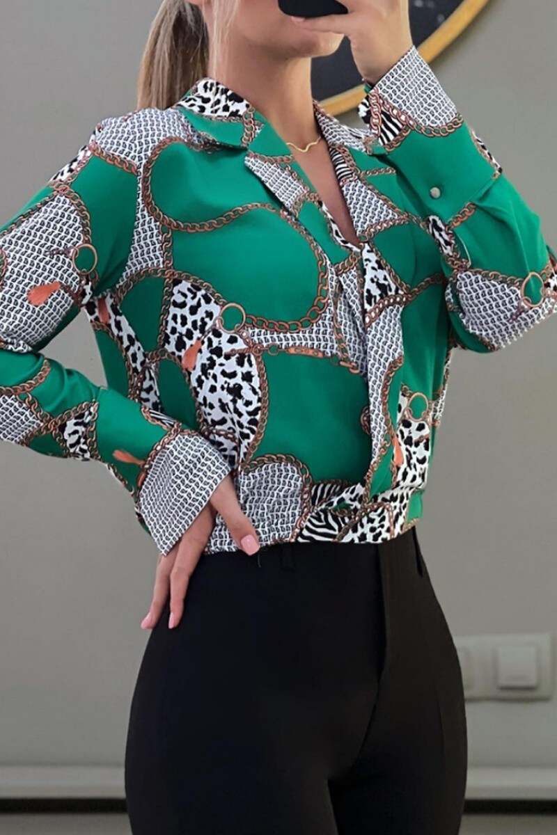 Green Casual Print Basic Turndown Collar Tops