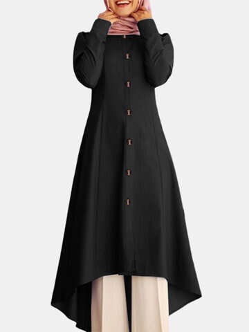 Women Casual Dresses | Solid Color Button Curved Hem Casual Muslim Dress for Women - OT93205