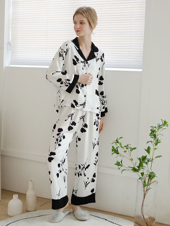 Loose Casual Floral Pattern V Neck Long Sleeve Pajama Set