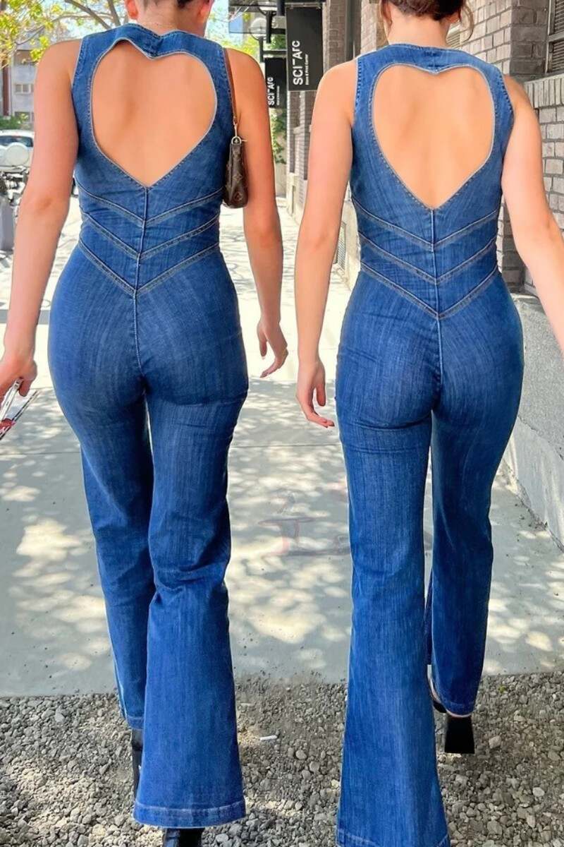 Blue Casual Solid Backless Zipper Collar Sleeveless Skinny Denim Jumpsuits