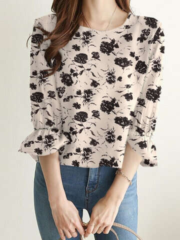 Women Blouses & Shirts | Random Allover Floral Print Crew Neck 3/4 Sleeve Blouse - KX82842