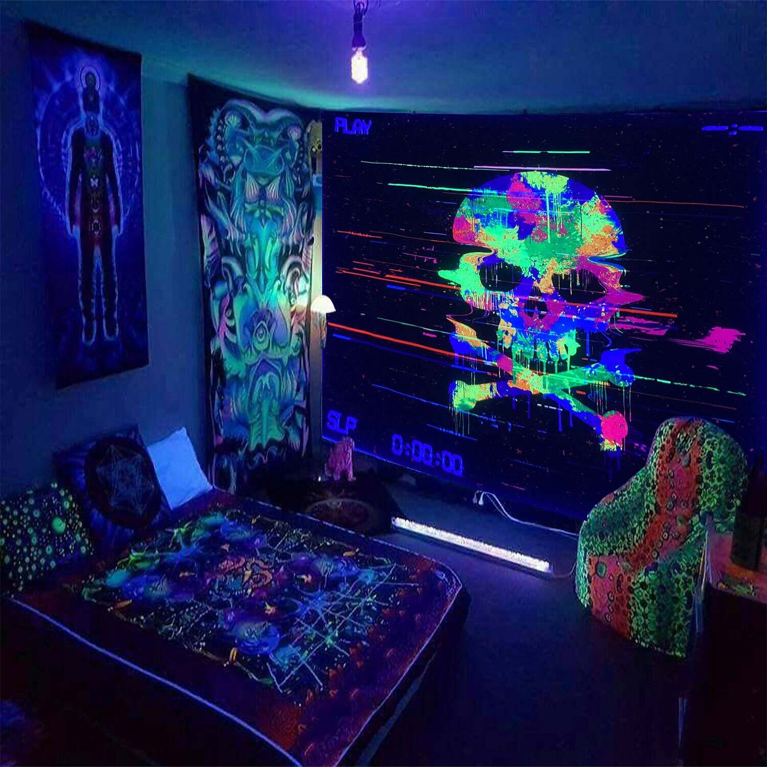 Blacklight UV Reactive Tapestry Trippy Mushroom Decoration Cloth