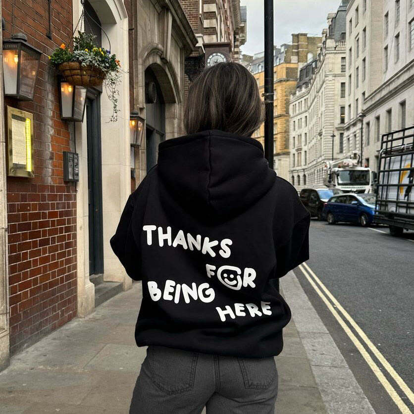 Thanks For Being Here Print Couple Hoodie