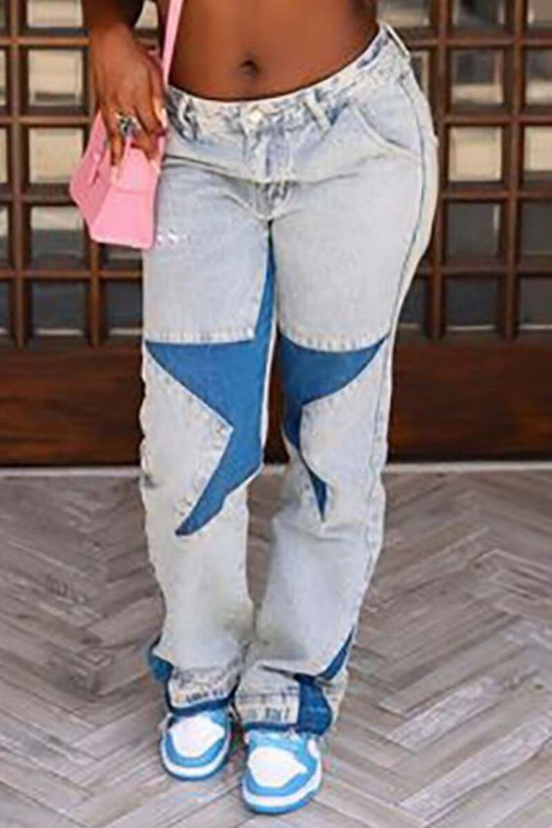 Light Blue Casual Print Patchwork High Waist Regular Denim Jeans