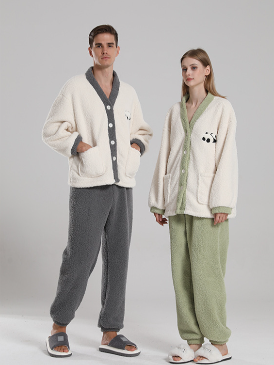 Casual Plain Loose V Neck Long Sleeve Couple Pajama Set