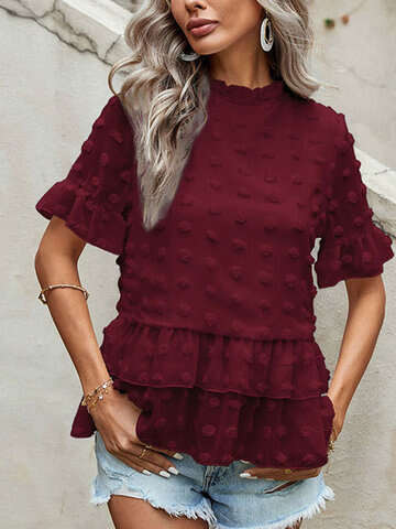 Women Blouses & Shirts | Swiss Dot Solid Ruffle Tiered Chiffon Bell Sleeve Romantic Blouse - KN24584