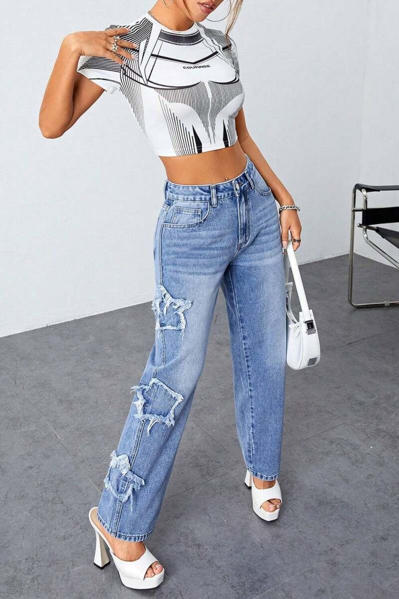 Blue Casual Solid Patchwork High Waist Straight Denim Jeans