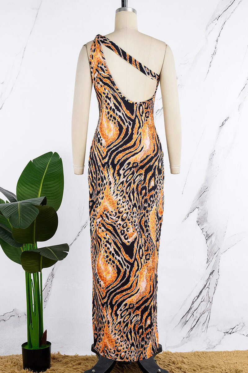 Orange Sexy Print Hollowed Out Backless Oblique Collar Long Dress Dresses