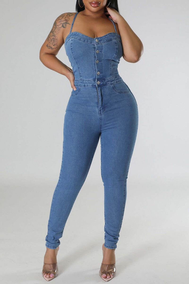 Sky Blue Sexy Casual Solid Backless Spaghetti Strap Sleeveless Skinny Denim Jumpsuits