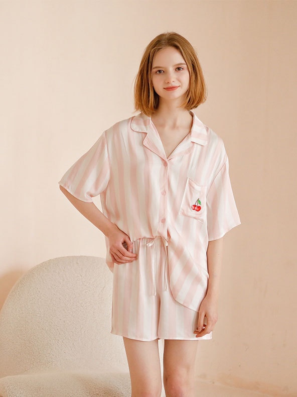 Fruit Shawl Collar Simple Loose Short Sleeve Pajama Set