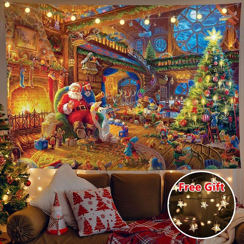 Christmas Decor LED Lights Wall Tapestry Santa Claus Christmas Tree Print