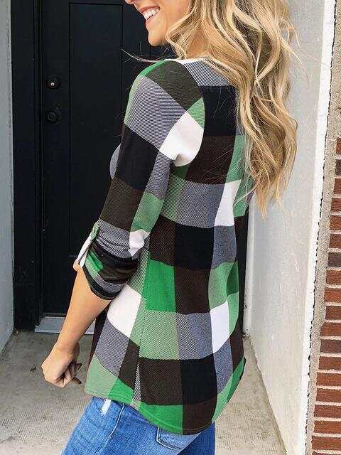 Long Sleeve Plaid Print V-neck Tops