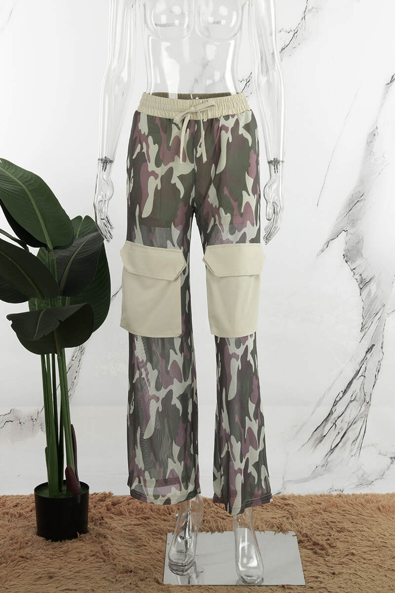 Camouflage Street Camouflage Print Patchwork Draw String Pocket Mesh Straight Mid Waist Straight Full Print Bottoms