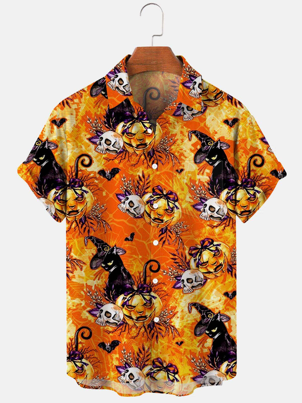 Halloween Black Cat Pumpkin Skull Men's Shirts With Pocket