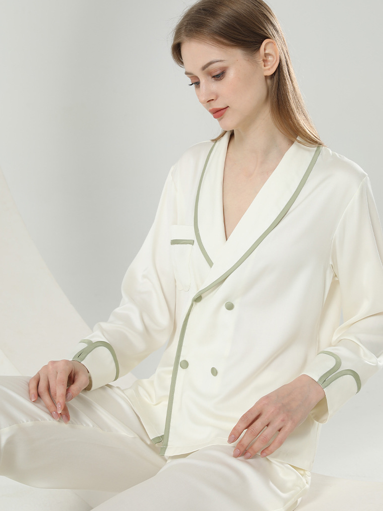 Plain Elegant V Neck Lyocell Long Sleeve Pajama Set