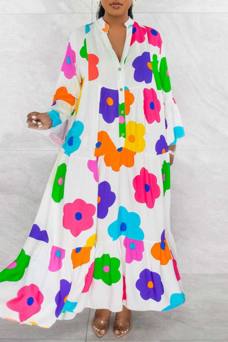 Green Casual Print Patchwork Shirt Collar Long Dress Dresses