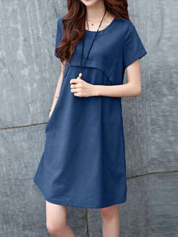 Women Casual Dresses | Solid Short Sleeve Pocket Casual Crew Neck Dress - AX71567