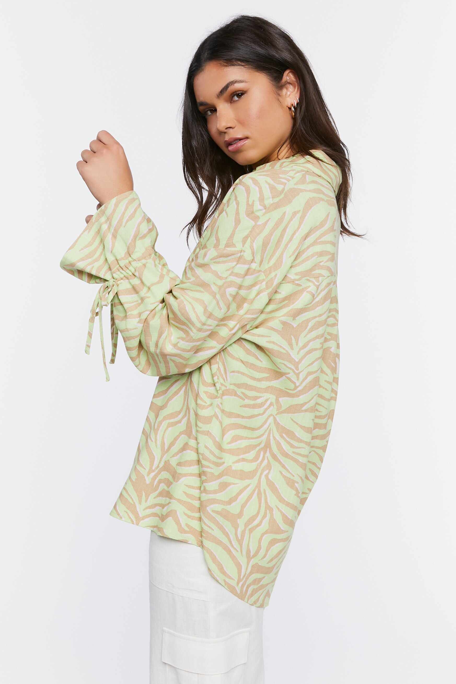 Women Apparel | Tiger Print Button-Front Shirt Green Forever21 - QF90252
