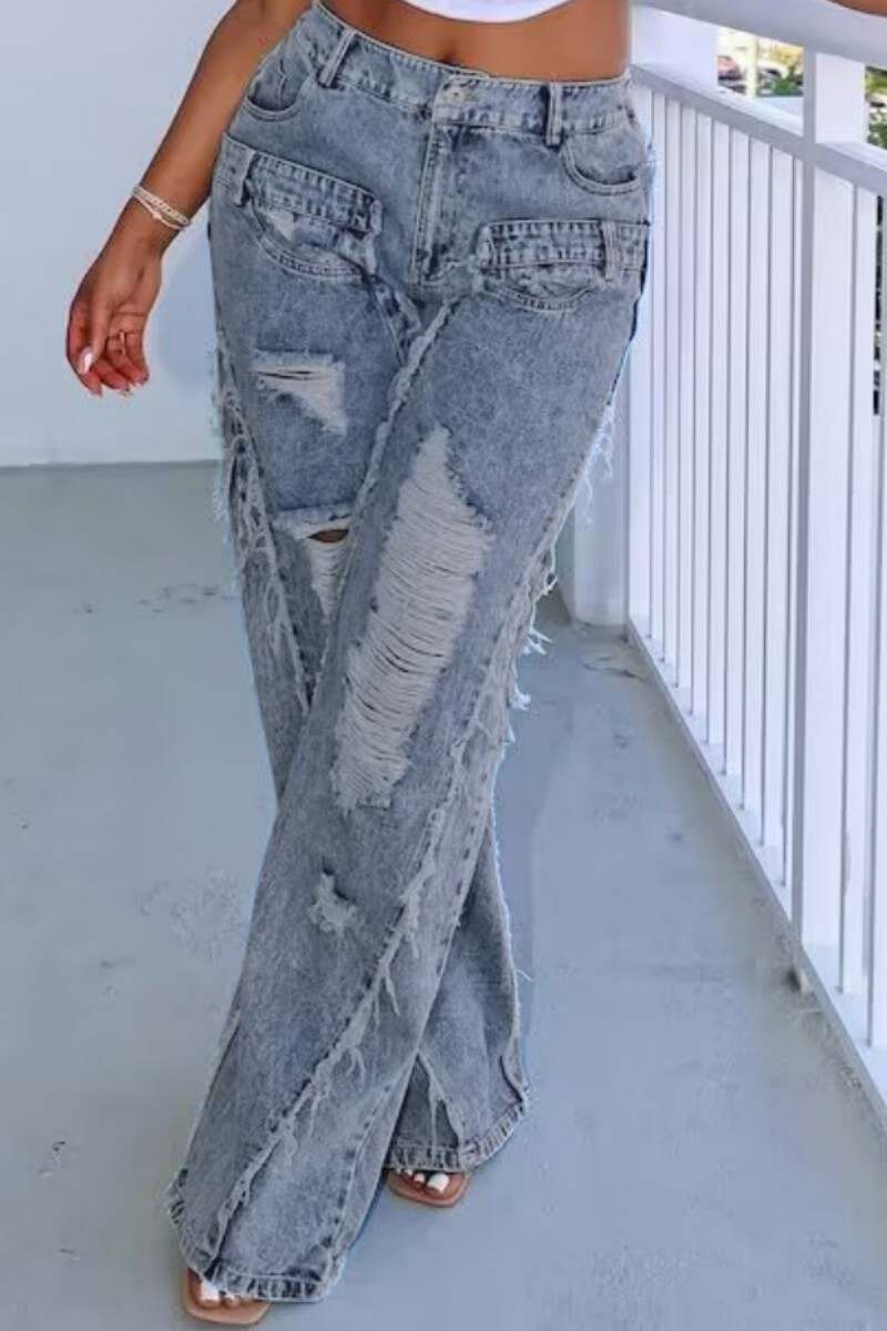 Light Blue Casual Solid Ripped Patchwork High Waist Regular Denim Jeans