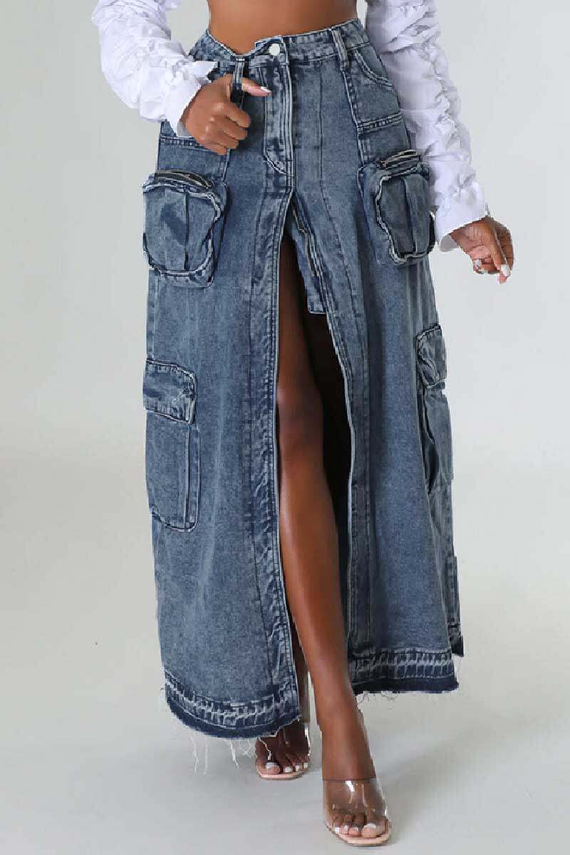 Deep Blue Casual Solid Patchwork Slit High Waist Regular Denim Skirts