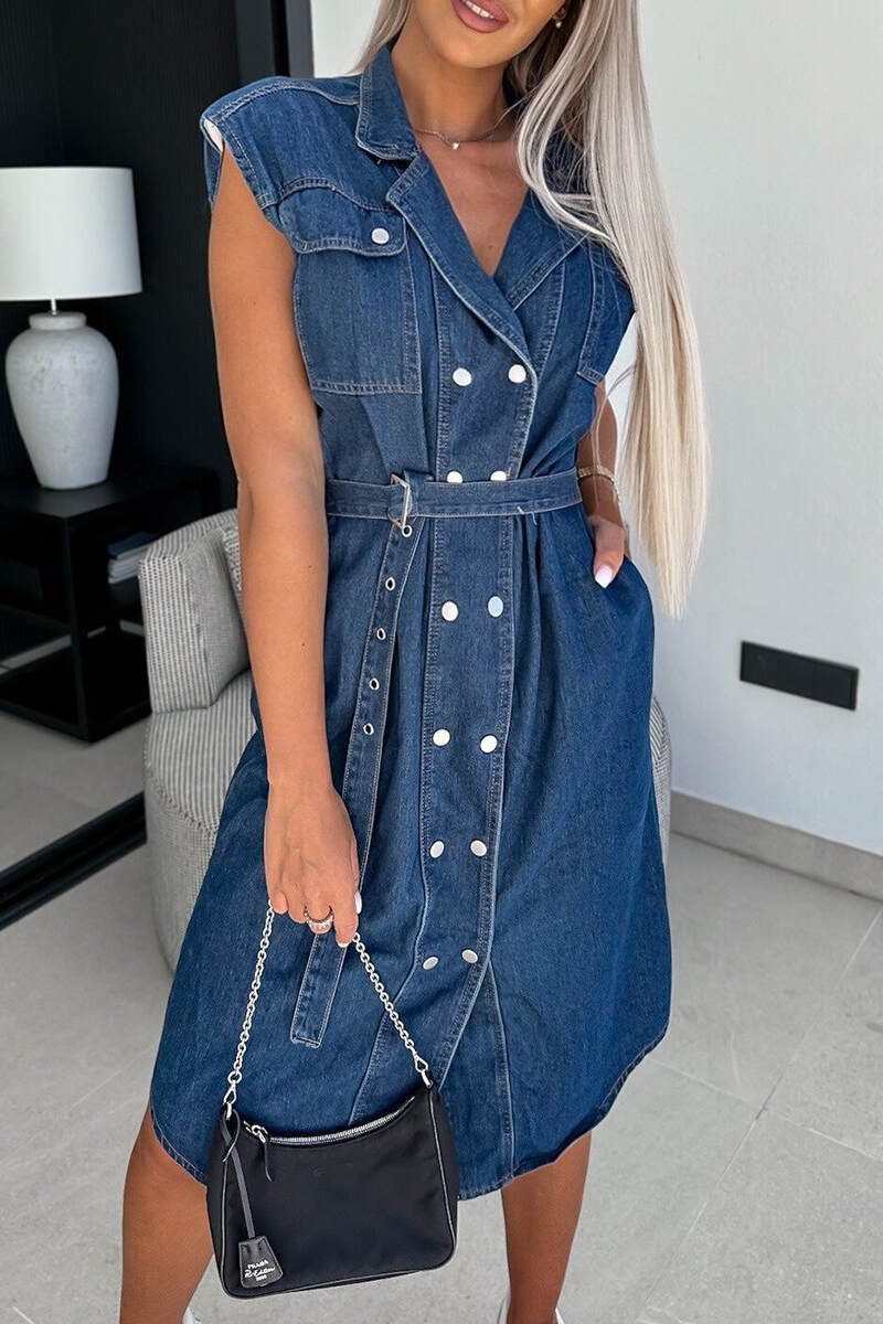 Medium Blue Casual Solid Patchwork With Belt Turndown Collar Sleeveless Regular Denim Dresses