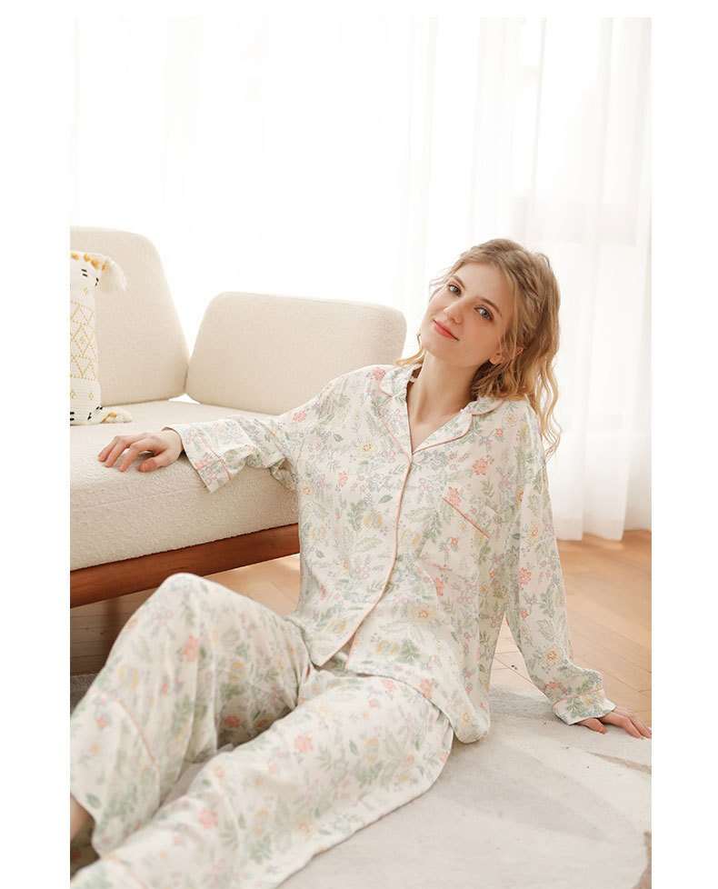 Elegant V Neck Floral Loose Long Sleeve Pajama Set